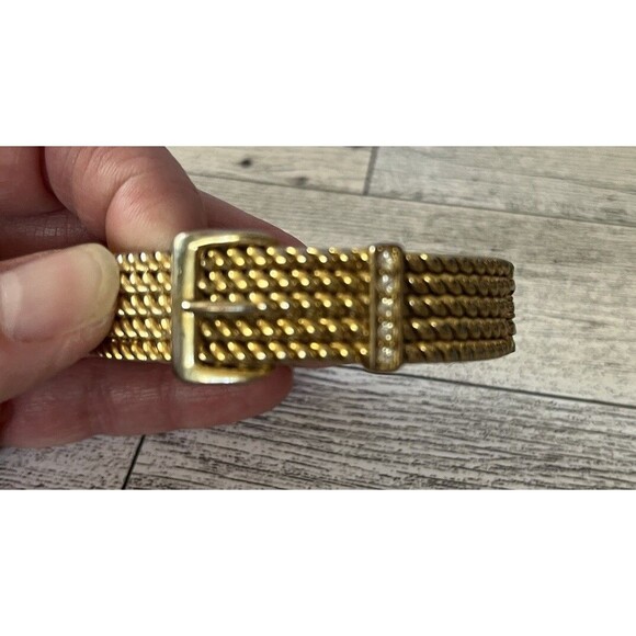 Buckle Gold Tone Bangle Hinged Bracelet Faux Buckle Rhinestones - Picture 1 of 5